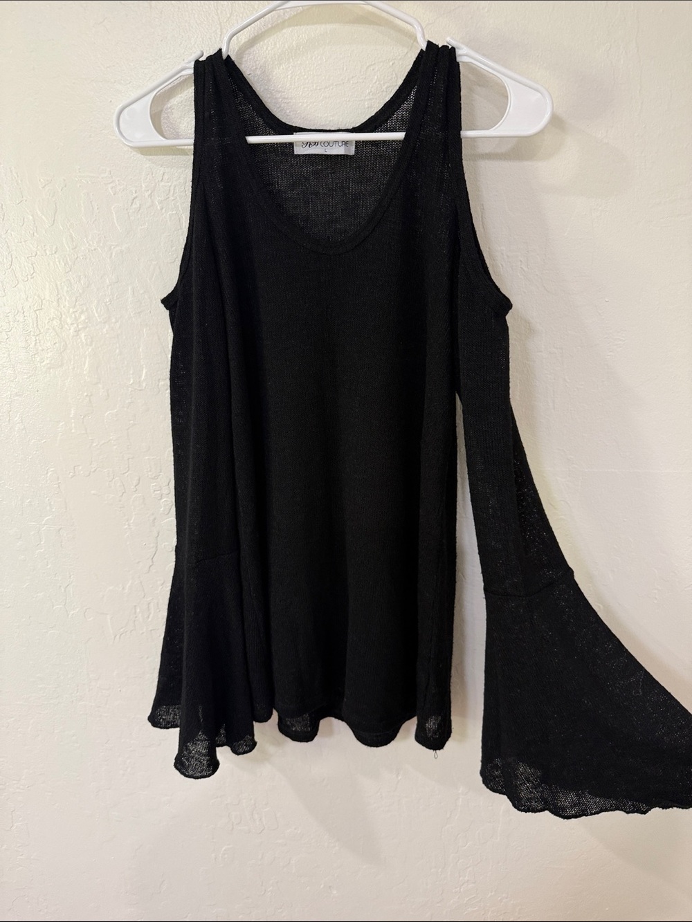 Cold-Shoulder Bell Sleeve Lightweight Open Weave Sweater in Black